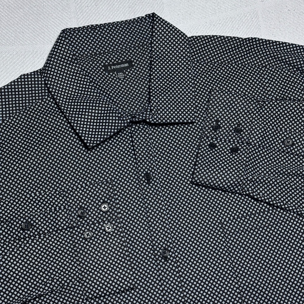J. Peterman Button Up Shirt Mens 2XL Micro Geometric Diamond Print Black White